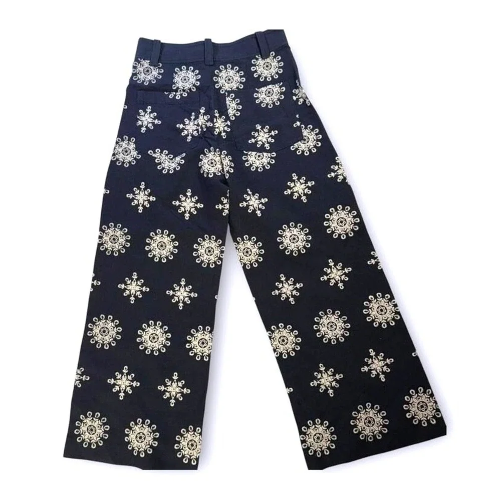 ZARA‎ WOMAN HIGH-WAIST WIDE-LEG EMBROIDERED CULOTTES PANT NAVY BLUE  S XS 28